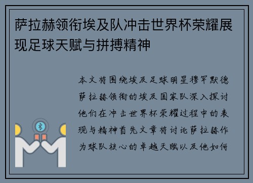萨拉赫领衔埃及队冲击世界杯荣耀展现足球天赋与拼搏精神